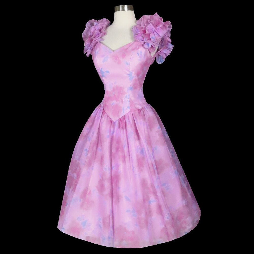 Vintage 80s Lavender Purple Pink Floral Chiffon Ruffle HoCo Prom Party Dress S M